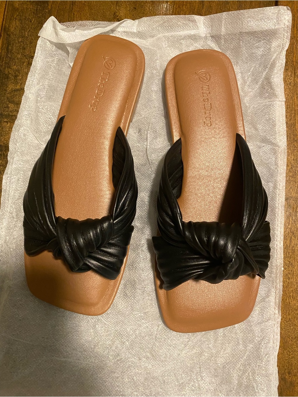 Women’s Black Knotted Slide Sandals with Tan Footbed